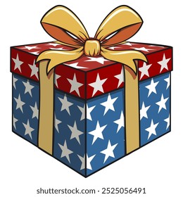 cartoon gift box red and blue and stars pattern with a gold ribbon isolated vector illustration, The concept of birthday, Christmas, new year, work of hand drawn