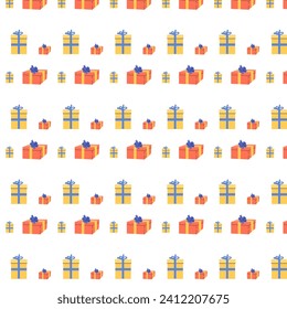 cartoon gift box seamless pattern isolated. Vector illustration with red and yellow box with blue bow. Hand drawn background for wrapping paper. 