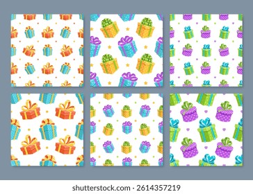 Cartoon gift box seamless pattern with colorful presents and ribbons. Includes festive bows for holiday and birthday celebration. Ideal for vibrant themed set.