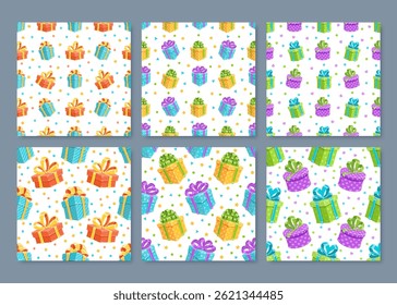 Cartoon gift box seamless pattern set. A cute collection of presents with ribbons and bows creates a fun birthday or holiday background. This lively design is perfect for party themes, surprise