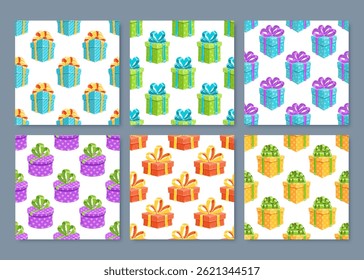 Cartoon gift box seamless pattern set with ribbon and bow. Wrapped presents for birthday surprise or party decorations. Cheerful and colorful flat style, ideal for festive celebrations or events.