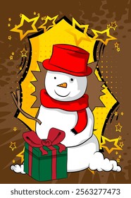 Cartoon Gift Box and Snowman, comic book Holiday. Retro vector comics pop art design.