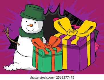 Cartoon Gift Box and Snowman, comic book Holiday. Retro vector comics pop art design.