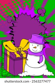 Cartoon Gift Box and Snowman, comic book Holiday. Retro vector comics pop art design.