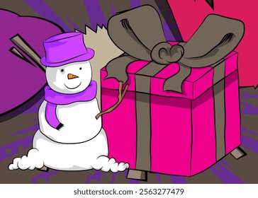 Cartoon Gift Box and Snowman, comic book Holiday. Retro vector comics pop art design.