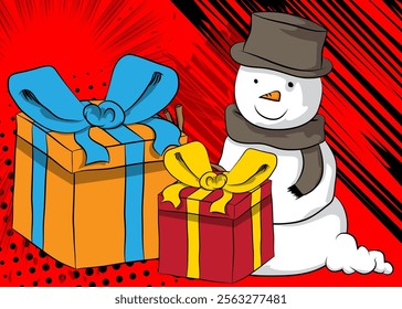 Cartoon Gift Box and Snowman, comic book Holiday. Retro vector comics pop art design.