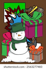 Cartoon Gift Box and Snowman, comic book Holiday. Retro vector comics pop art design.