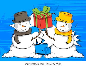 Cartoon Gift Box and Snowman, comic book Holiday. Retro vector comics pop art design.