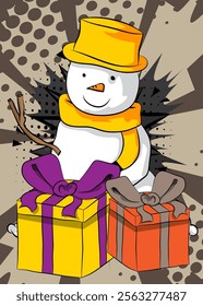 Cartoon Gift Box and Snowman, comic book Holiday. Retro vector comics pop art design.