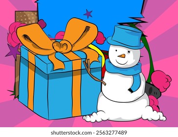 Cartoon Gift Box and Snowman, comic book Holiday. Retro vector comics pop art design.