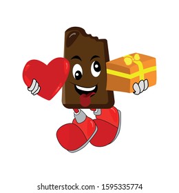 With a cartoon gift box and a sweet brown heart mascot character with a white background