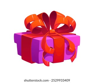 Cartoon gift box wrapped in bright purple paper, tied with a large red ribbon bow. Isolated vector festive and colorful present for celebration birthday, Christmas, Valentine day and special occasions