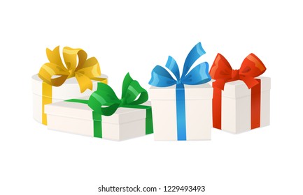 Cartoon gift boxes with bows isolated on white background. Holiday presents, vector illustration. Great for Christmas and birthday cards, shopping sale banners, gift vouchers and certificates.