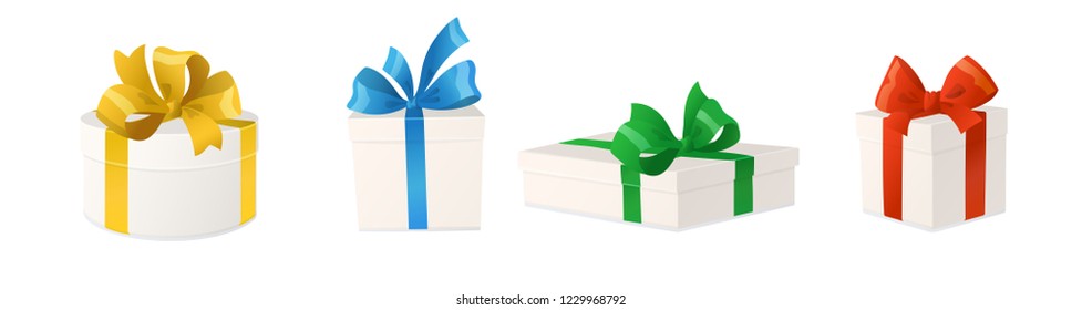 Cartoon gift boxes with bows isolated on white background. Holiday presents, vector illustration. Great for Christmas and birthday cards, shopping sale banners, gift vouchers and certificates.