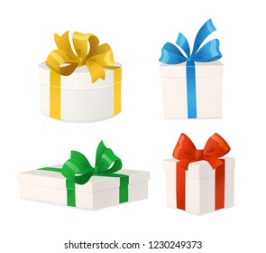 Cartoon gift boxes with bows isolated on white background. Holiday presents, vector illustration. Great for Christmas and birthday cards, shopping sale banners, gift vouchers and certificates.