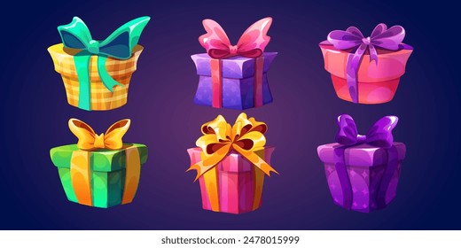 Cartoon gift boxes with colorful wrap, ribbon and bow for birthday, Christmas and game ui design. Closed square and round surprise and present packages with green, yellow, pink and purple decoration.