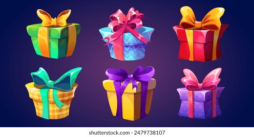 Cartoon gift boxes with colorful wrap, ribbon and bow for birthday, Christmas and game ui design. Closed square and round surprise and present packages with green, yellow, pink and purple decoration.