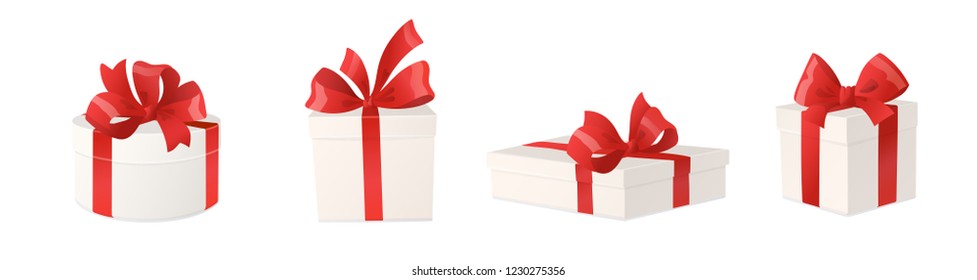 Cartoon gift boxes with red bows isolated on white background. Holiday presents, vector illustration. Great for Christmas and birthday cards, shopping sale banners, gift vouchers and certificates.