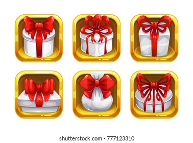 Cartoon gift boxes with red bows in the golden frames. Vector holiday present icons set.