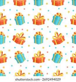 Cajas de regalo de la historieta con la cinta en un patrón inconsútil. Los regalos con arcos crean un fondo de vacaciones. Perfecto para el diseño de paquetes de cumpleaños y celebraciones festivas.