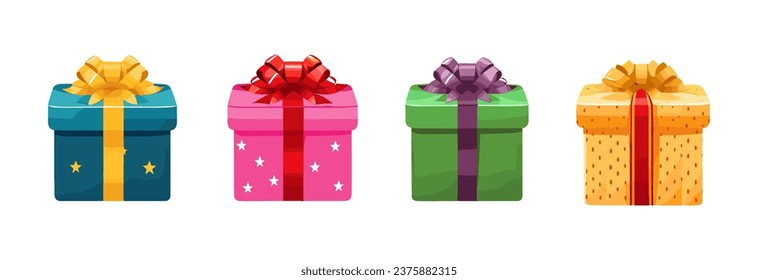 Cartoon gift boxes with ribbons and bows.Presents in colorful wrapping with ribbons.Gift boxes stack in flat style.