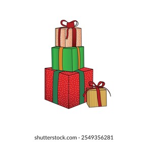 Cartoon gift boxes with ribbons and festive wrapping paper, Christmas celebration and birthday celebration, White background, Vector illustration
