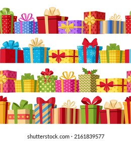 Cartoon gift boxes seamless borders, winter holidays presents banner. Holiday gift boxes stack seamless border frames vector symbols illustrations set. Winter holidays presents