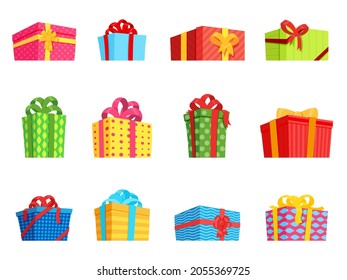 Cartoon gift boxes set. Christmas presents, surprise box. Sale decoration, birthday party elements. Flat package with bow ribbons recent vector collection