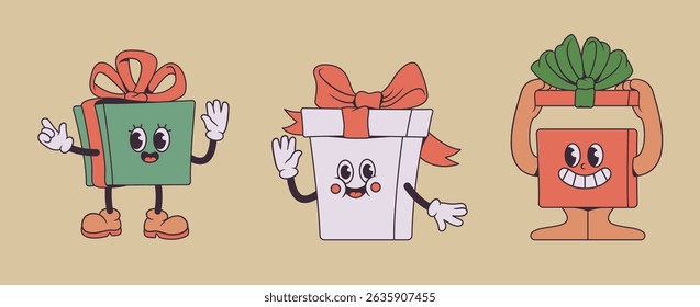 Cartoon gift boxes with smiling faces, arms and legs decorated with bows and ribbons on beige background. Holiday character design and Christmas celebration concept. Rubber hose style.