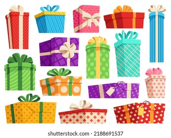 Cartoon gift boxes. Wrapped present with ribbon bow, birthday gift package and surprise vector set. Colorful cardboard festive containers with tags for christmas valentine day holidays