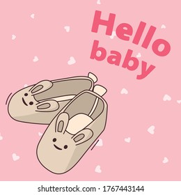 Cartoon Gift card for child with text hello baby and picture of cute sandals with a hare.
