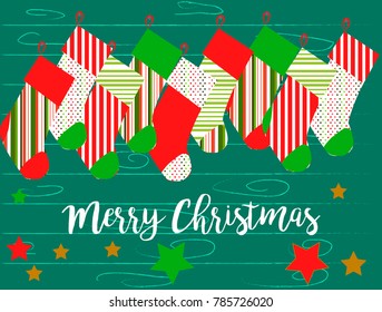 Cartoon gift socks on a background of turquoise boards with an inscription Merry Christmas - Vector Illustration eps 10