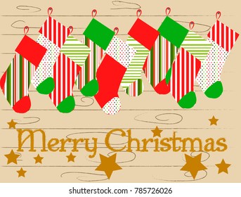 Cartoon gift socks on a background of brown light boards with an inscription Merry Christmas - Vector Illustration eps 10