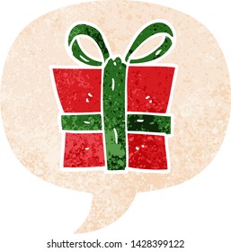 Cartoon-Geschenk mit Sprachblase in brüchiger Retro-strukturierter Stil