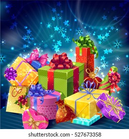 Cartoon gifts boxes holiday composition with icon set lying in a bunch vector illustration