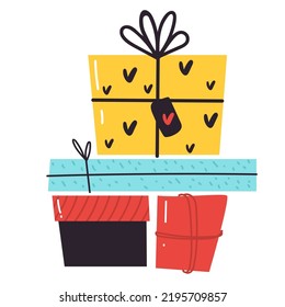 Cartoon gifts boxes. Open gift box. Decorative festive object. New Year and Christmas design. Holiday banner, poster, flyer, stylish brochure, greeting card, Xmas background