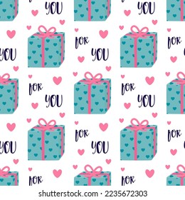 regalos de dibujos animados patrón sin fisuras, caja sorpresa para evento feliz, caja de regalo sobre fondo blanco, papel de pared textil, ilustración vectorial en estilo plano para cualquier festividad