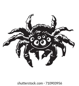 Cartoon gigantic spider. Halloween character. Black and white hand drawn vector illustration in sketch style isolated on white background.