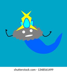 cartoon gin cloud with a crown of water drops and zigzag lightning weather concept