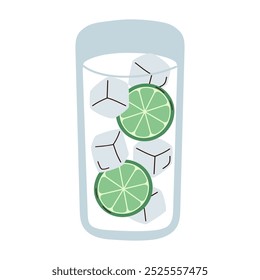 Cartoon gin and tonic cocktail. Vector illustration of refreshing drink isolated on white background. Hand drawn lemonade, water with ice and lime.