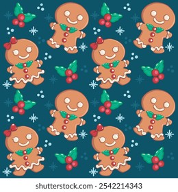 Cartoon gingebread cookies Pattern on a blue background 