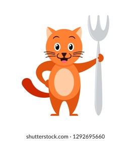 Cartoon ginger cat with big fork. Illustration for kids.