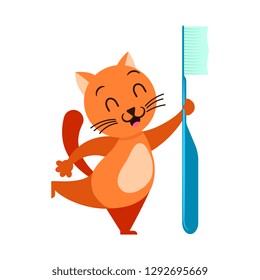 Cartoon ginger cat with big toothbrush. Illustration for kids.