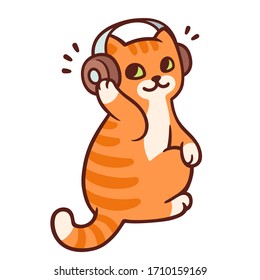 Cartoon ginger cat with headphones listening to music. Cute music fan kitty drawing, vector clip art illustration.