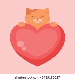 Cartoon ginger cat holding a heart. Cute template for love card or Valentines Day greeting. Vector illustration