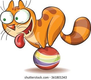 cartoon ginger cat on a ball, vector, isolated on white