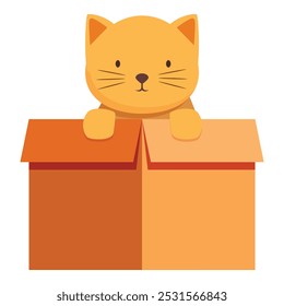 Cartoon ginger cat is peeking out from a cardboard box