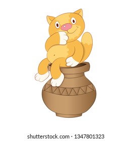 cartoon ginger cat sitting on a clay vase