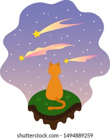 Cartoon ginger cat sitting on a green and brown piece of land, looking at the sunset sky with three shooting stars with gradient tails, vector graphics, vector illustration