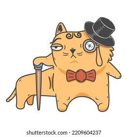 Cartoon Ingwer Katze in einem oberen Hut und mit einem Stock. Vektorgrafik im Cartographie-Stil